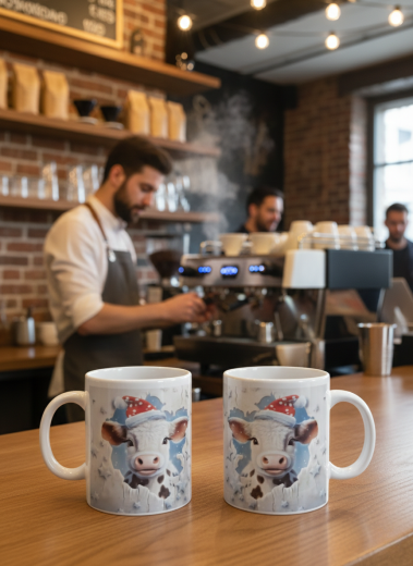 Süße Weihnachts-Kuh Tasse – Keramikbecher mit Nikolausmütze